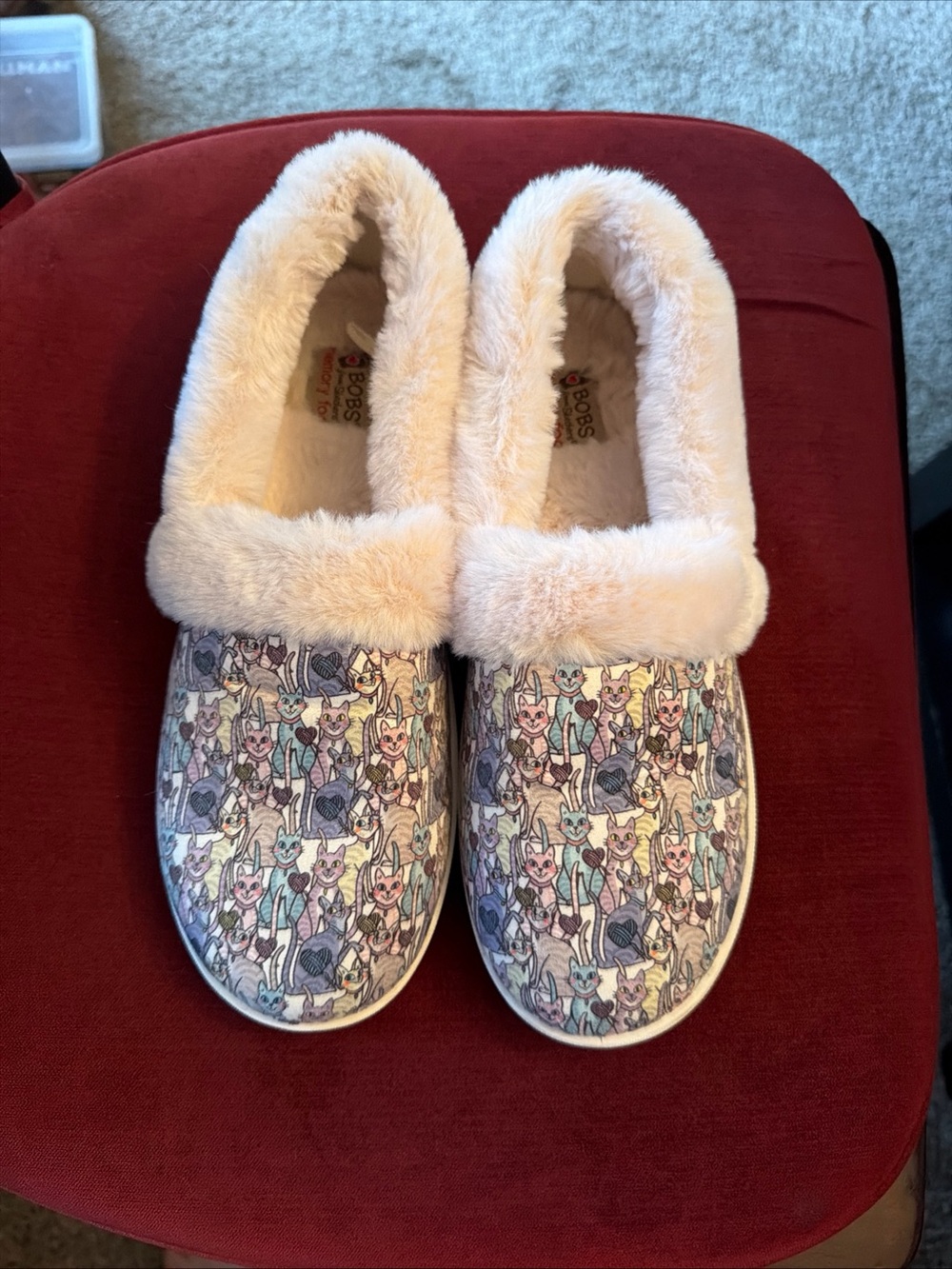 BOBS from Skechers Women's Plush Slip-On Slippers in Pastel Multicolor Cat Print
